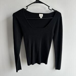 A New Day Womens Ribbed Slim Fit Long Sleeve Top Black Size Small